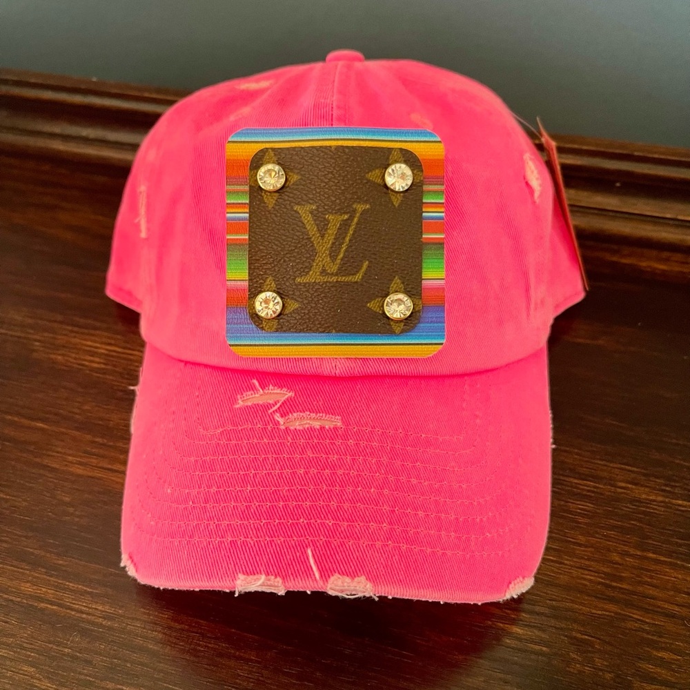 Neon Pink Distressed Hat with Luxury Brand Patch